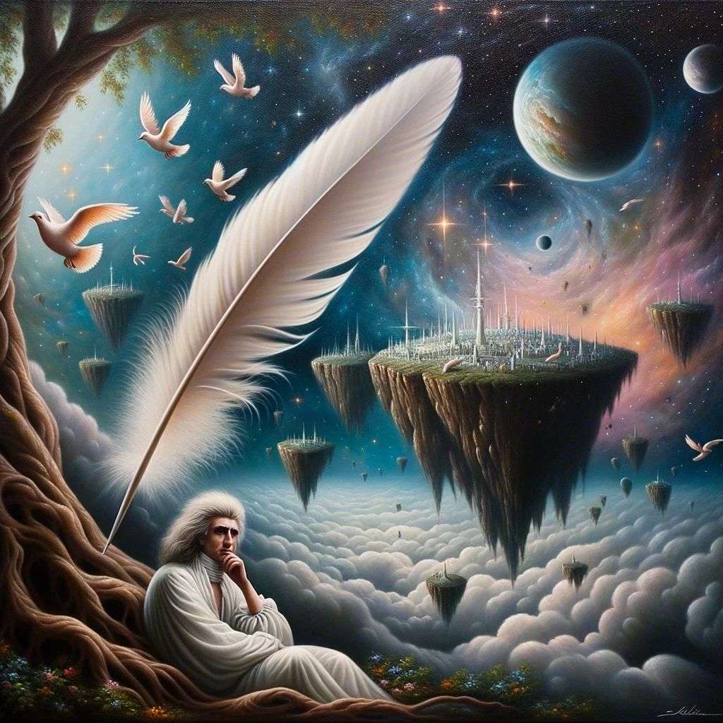 the discovery of gravity, painting, surrealism style